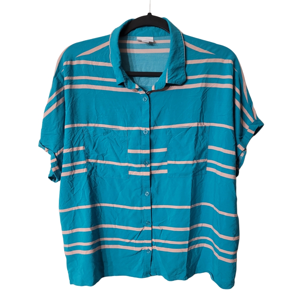 LuLaRoe Teal and White Lightweight Button-Down Shirt Size Large